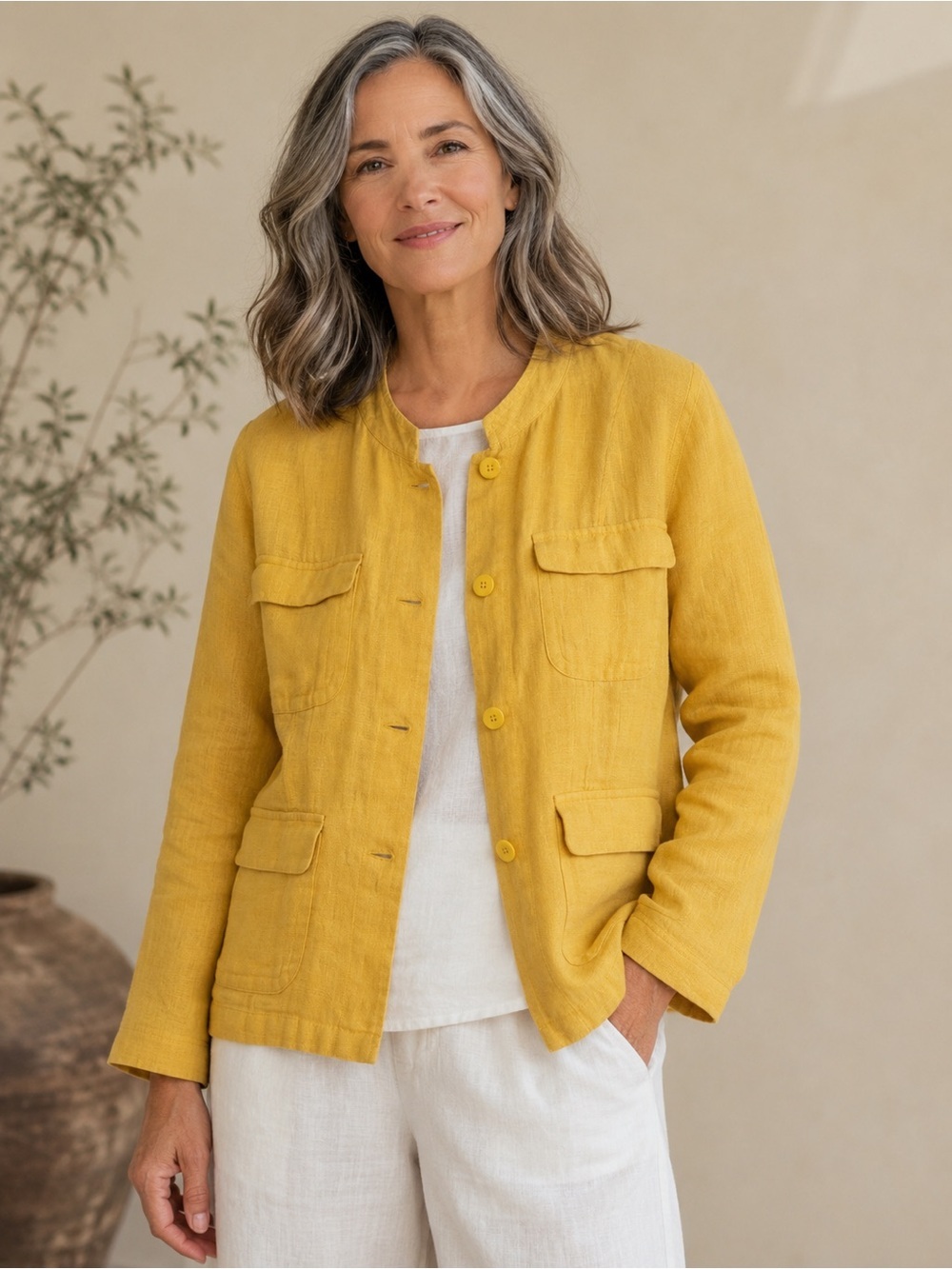 Eileen Fisher Organic Linen Jacket 3X Yellow Button Front Utility Blazer Classic